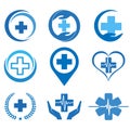 Illustration set of healthcare logos.Blue medical cross with a pulse